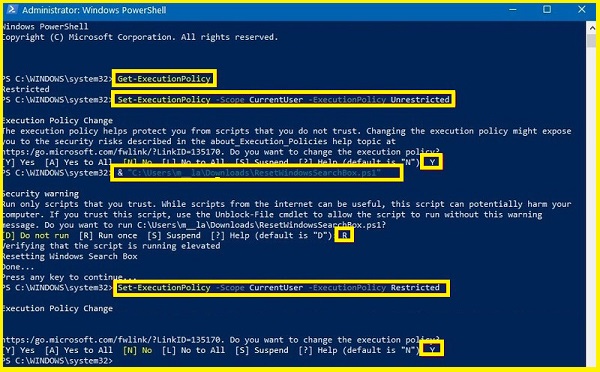 fix search problems using powershell